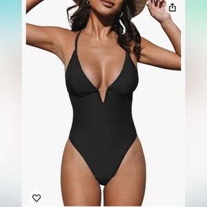 Black Deep V Neck Crisscross Back Adjustable Strap one piece.‎ Sz Small